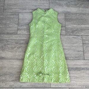 Vtg Vicky Vaughn  60-70’s Sleeveless Mini Green Jacquard Dress Cheongsam Design